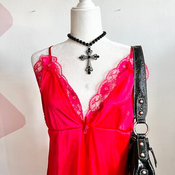 Red Lace Babydoll Slip Dress, Coquette Y2K Romantic Goth Indie Sleaze 90s Medium - Picture 2 of 5